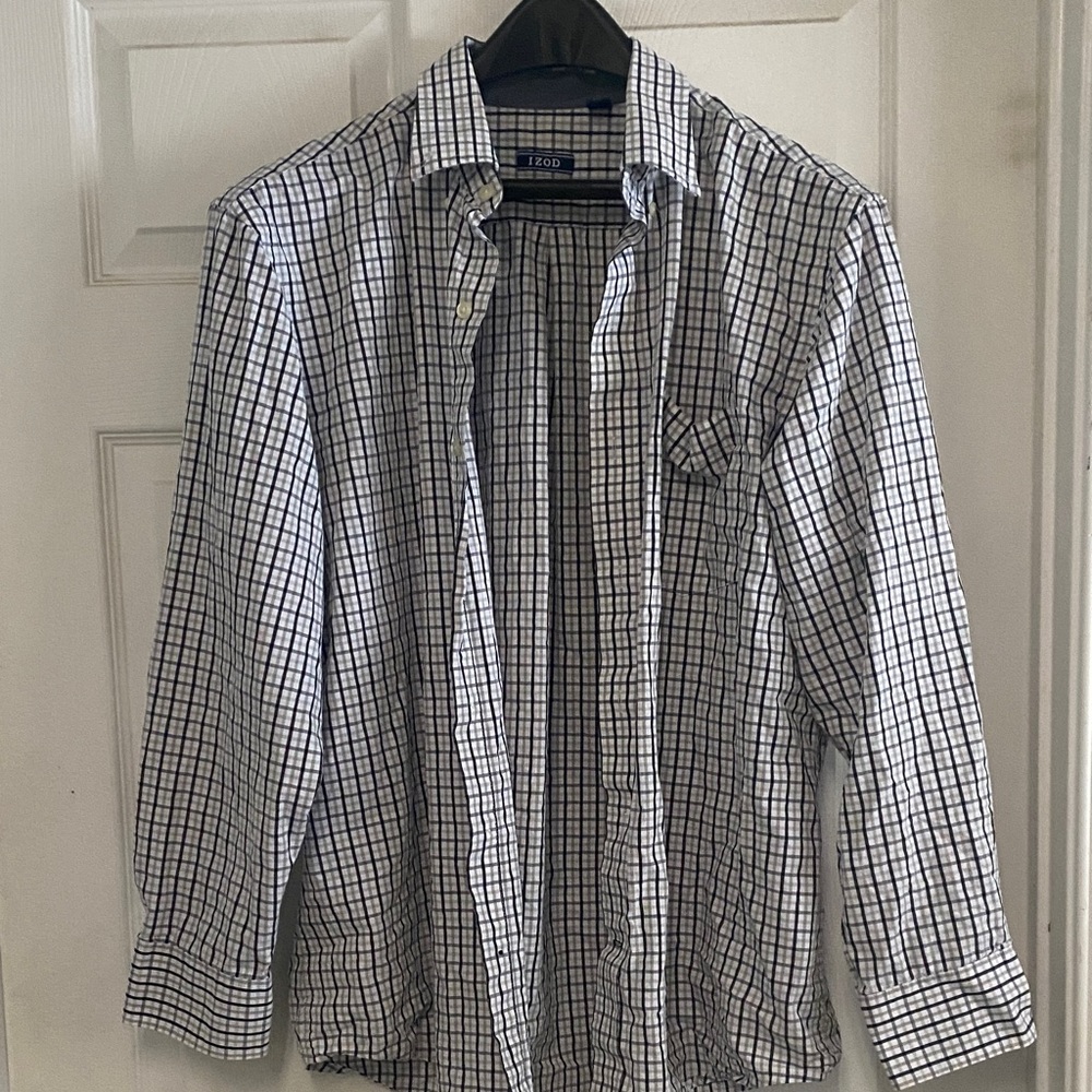 Izod Men's Black, White and Grey Plaid Button Down Shirt